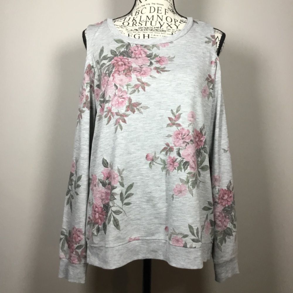 Light grey pink flower pattern cold shoulder sweat shirt casual romantic sz M